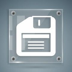 Poster - White Floppy disk for computer data storage icon isolated on grey background. Diskette sign. Square glass panels. Vector
