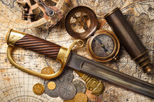 Vintage Still Life With Compass, Sextant, Spyglass, Saber. Pirates Gold Coins Treasure