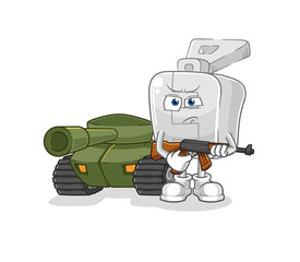 zipper soldier with tank character. cartoon mascot vector