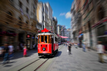 Nostalgic Retro Red Tram On Famous Istiklal Street.