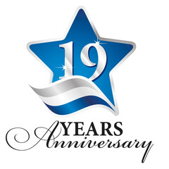 Sticker - 19 years anniversary isolated blue star silver white blue flag ribbon logo icon