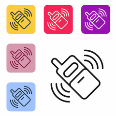 Poster - Black line Smartphone, mobile phone icon isolated on white background. Set icons in color square buttons. Vector
