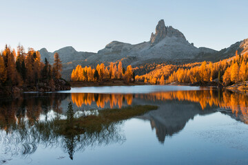 Fototapete - Amazing autumn scenery in the Dolomites mountains by the Lake Federa in the fall. National Unesco park in Italy.
