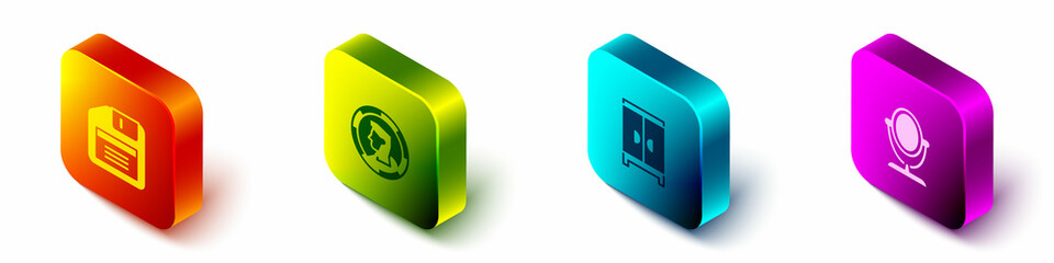 Poster - Set Isometric Floppy disk, Ancient coin, Wardrobe and Round makeup mirror icon. Vector