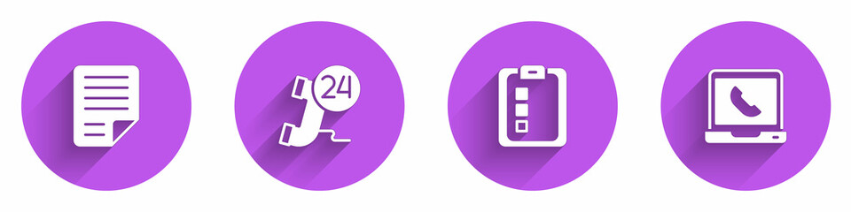 Poster - Set File document, Telephone 24 hours support, Online quiz, test, survey and icon with long shadow. Vector