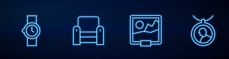 Poster - Set line Picture, Wrist watch, Armchair and Locket on necklace. Glowing neon icon on brick wall. Vector