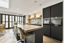 Spacious Bright Kitchen With Dining Area, Modern Design And Panoramic Windows