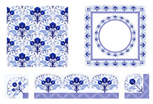 Set of elements with blue flowers. Brush with corner items and seamless pattern in oriental asian style. Round and square frame Cobalt painting style on ceramic Chinese motifs.