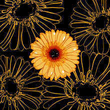Vector Floral Illustration With Yellow Gerbera On A Black Background In Flat Technique 
