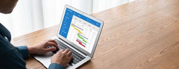 Poster - project planning software for modish business project management on the computer screen showing time