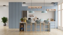 Modern Blue Kitchen Interior With Furniture,kitchen Interior With White Wall.