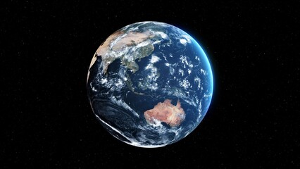 Planet earth with realistic geography surface and orbital 3D cloud atmosphere . Outer space view of world globe sphere of continents . 3D rendering graphic . Elements of this image furnished by NASA .