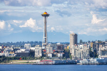 Downtown Seattle, Washington, United States Of America. View Of The Modern City On The Pacific Ocean Coast. Cloudy Blue Sky.