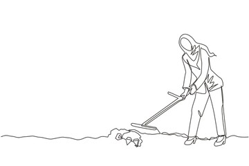 Poster - Single continuous line drawing Arab businesswoman with metal detector looking for pile of diamond. Woman treasure hunter with metal detector finding precious stone. One line draw graphic design vector