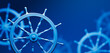 Ship steering wheels, commonly known as helm, on a blue background. 3D Rendering, illustration