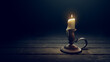 Antique brass candle holder with a burning candlestick on a dark wooden background. 3D rendering, illustration