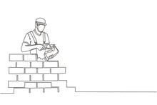 Continuous One Line Drawing Repairman Building Brick Wall. Construction Worker In Uniform And Helmet Doing Work. Builder Concept. Repair Work Services. Single Line Design Vector Graphic Illustration