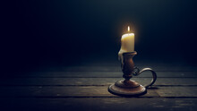 Antique Brass Candle Holder With A Burning Candlestick On A Dark Wooden Background. 3D Rendering, Illustration