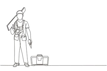 Poster - Single one line drawing timber frame house construction worker. Repairman standing with board, tool box, and drill. Building, construction, repair work services. Continuous line draw design vector