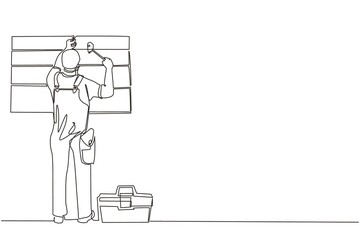 Poster - Single continuous line drawing professional worker in uniform hammering. Nail in wood. Construction work at home. Building, construction and repair work services. One line draw graphic design vector