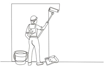 Poster - single one line drawing man painting wall with roller. vector concept illustration on home repair, r