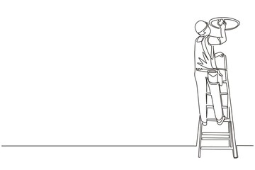 Poster - continuous one line drawing worker electrician on ladder change light bulb. professional repairman i