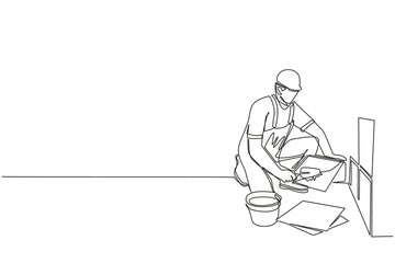 Poster - single one line drawing repair worker laying ceramic wall tile. professional tiler in uniform workin