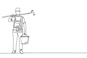 Poster - single one line drawing painter with bucket of paint and paint roller. professional repairman in ove