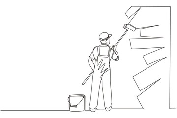 Poster - Continuous one line drawing painter decorator repairman people at work. Man repair worker holding paintbrush roller, painting house apartment wall, home renovation. Single line draw design vector
