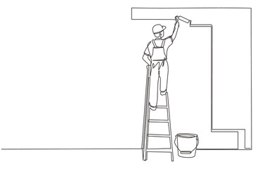 Poster - single one line drawing painter standing on staircase paints wall. man is holding paint roller in ha