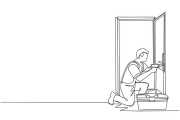 Poster - single continuous line drawing door service. repairman in the uniform with special equipment repair 