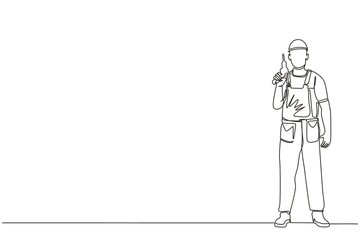 Poster - single continuous line drawing man worker holding electric drill tool for repair. builder in uniform