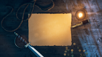 a pirate's cutlass sword on a desk at night. 3D Rendering, illustration