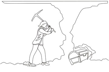 Poster - Single continuous line drawing businesswoman digging with pickaxe looking for hidden treasures. Woman digging and mining for treasure chest in underground tunnel. One line draw graphic design vector