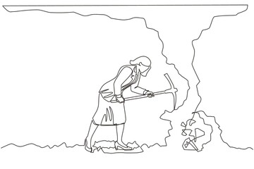 Poster - Single continuous line drawing businesswoman digging with pickaxe to get diamond. Worker digging and mining for diamond in an underground tunnel. Dynamic one line graphic design vector illustration
