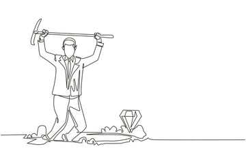 Poster - Continuous one line drawing young businessman in hole prancing happily while lifting pickaxe with both hands and finding diamond or precious stone. Single line draw design vector graphic illustration