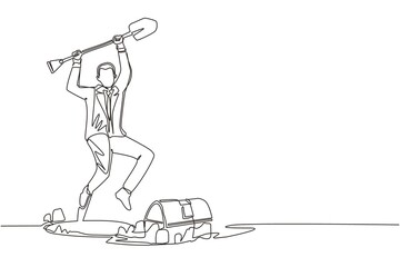 Poster - Single continuous line drawing businessman in hole prancing happily while lifting shovel with both hands and finding treasure chest. Lucky rich man. Dynamic one line graphic design vector illustration