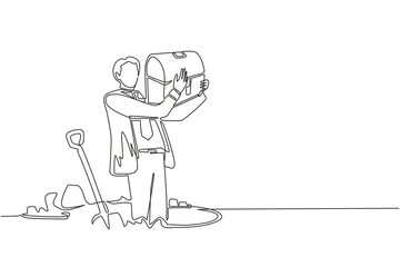 Poster - continuous one line drawing happy man hunter seeker hold chest find treasure in ground. excited busi