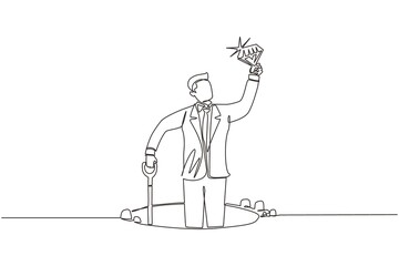 Poster - single one line drawing happy businessman hold and find diamond from ground. excited treasure seeker