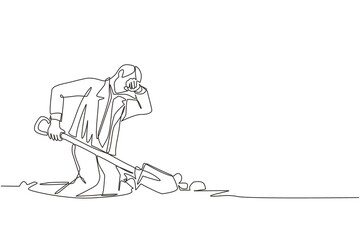 Poster - single continuous line drawing businessman wipes sweat on his forehead while digging hole. worker ne