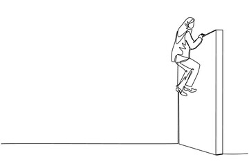 Poster - Continuous one line drawing Arabic businesswoman overcame wall obstacles that blocked her and conquered adversity. Overcome difficulties to achieve victory. Single line draw design vector illustration