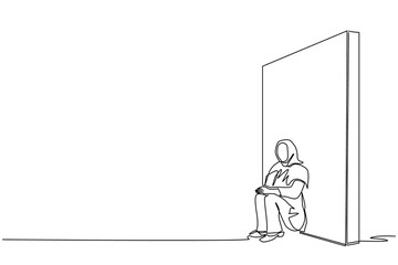 Poster - continuous one line drawing upset arab businesswoman sitting on floor and lean against the wall. bus