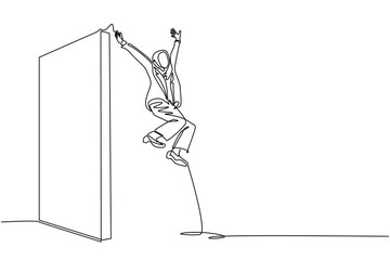Poster - Single continuous line drawing Arab businesswoman managed to jump over wall. Woman jumps over the wall, outside comfort zone to get new experience, fun and excited. One line draw graphic design vector