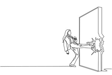 Poster - Continuous one line drawing Arab businesswoman doing kung fu or karate kick to destroy brick wall. Business concept of obstacle, solution. Obstruction ruined with force. Single line draw design vector