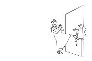 Poster - Single continuous line drawing Arab businessman doing kungfu or karate kick to destroy brick wall. Business concept of obstacle and solution. Obstruction ruined with force. One line draw design vector
