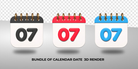 3d transparent calendar date 07 for meeting schedule, event schedule, vacation, work, school color black, red, blue