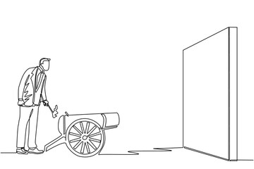 Poster - Single continuous line drawing businessman ignites cannon in front of wall and want to destroy. Starting new business company by destroying obstacles to reach goal. One line draw graphic design vector