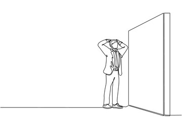 Poster - Single continuous line drawing businessman standing and confused in front of huge brick wall barriers. Scene for wrong business decision, mistake, deadlock. One line draw design vector illustration
