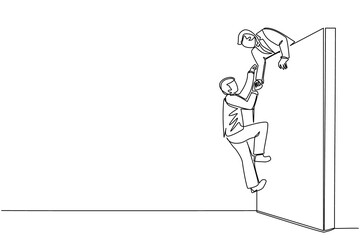 Poster - continuous one line drawing businessman helping another businessman climb wall. confident successful