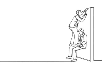 Poster - Single one line drawing businessman helping to lift another businessman over brick wall. Help, assistance and team concept. Business metaphor. Continuous line draw design graphic vector illustration